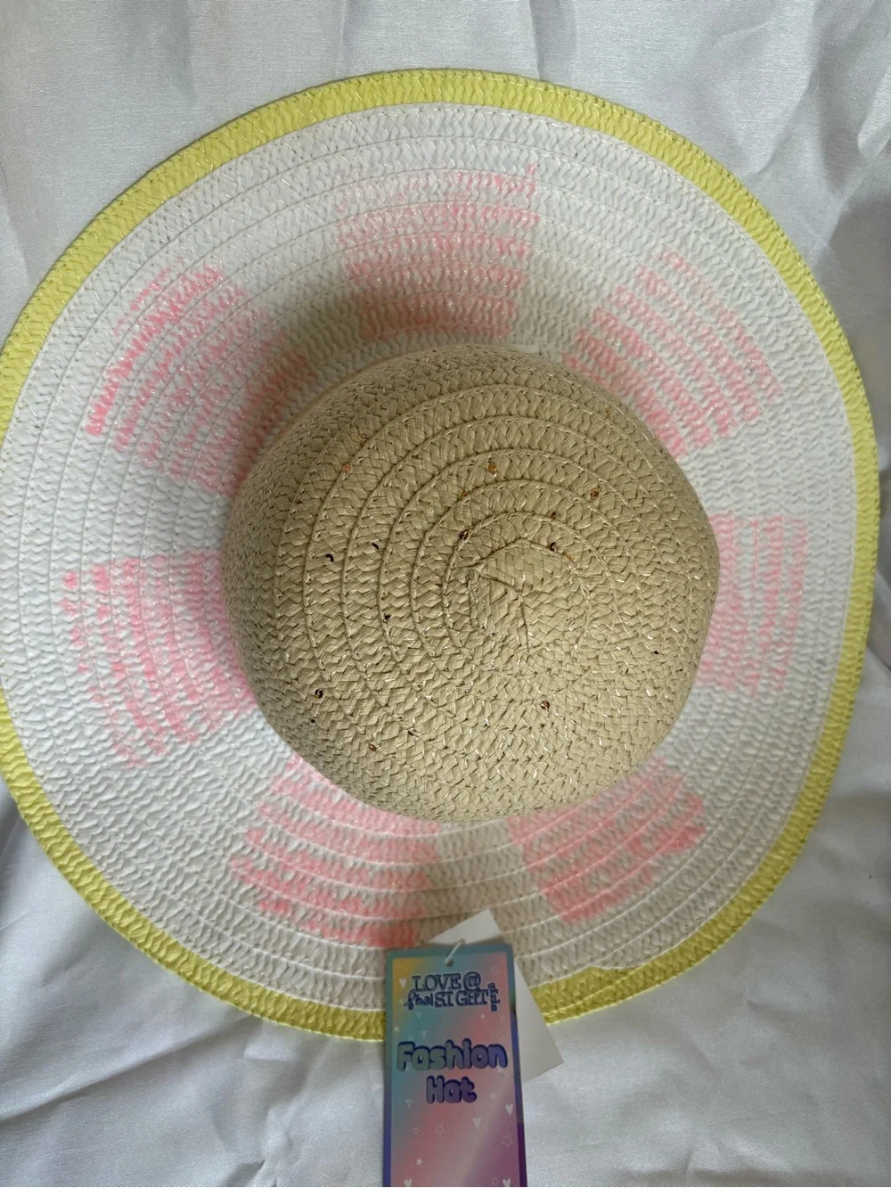 Fashion Hat Women’s Sun Hat - White, Pink & Yellow Straw. New
